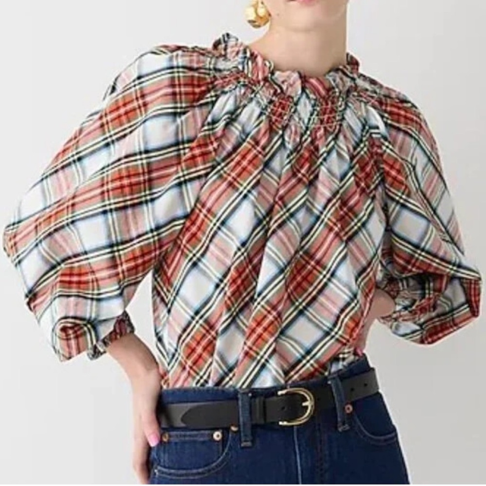 J.crew red plaid Smocked-neck cotton poplin top in Snowy Stewart tartan Sz XS
